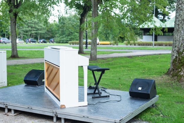 A high-quality outdoor audio system with strategically placed speakers around the backyard movie theater area, creating a surround sound experience.