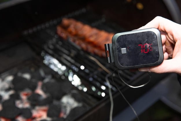 A close-up of a dual-probe thermometer inserted into a piece of meat on a grill. The digital display shows the internal temperature. Next to it is a pan that is full of water.