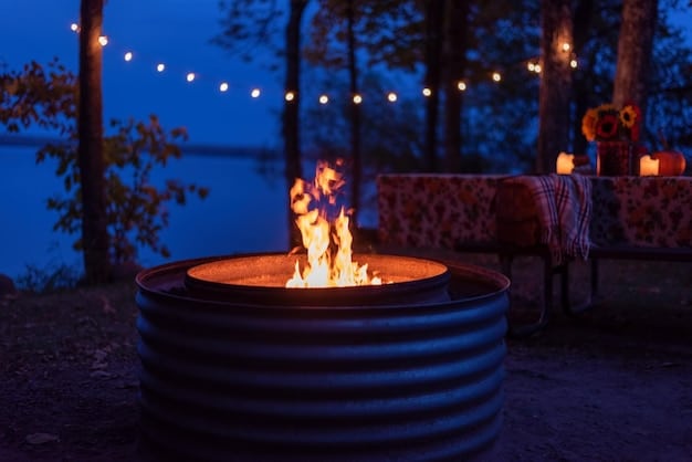 A warm and inviting backyard fire pit area at night. The fire pit is lit, and several people are sitting in comfortable chairs around it, talking and laughing. String lights are hung overhead, creating a cozy atmosphere.
