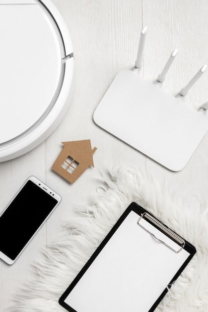 An image showcasing a variety of wireless home security components laid out on a table: a base station/hub, several door and window sensors, a motion detector, an indoor security camera, and a keypad. The setting is a well-lit home interior and focuses on demonstrating the simplicity and ease of assembling these components.