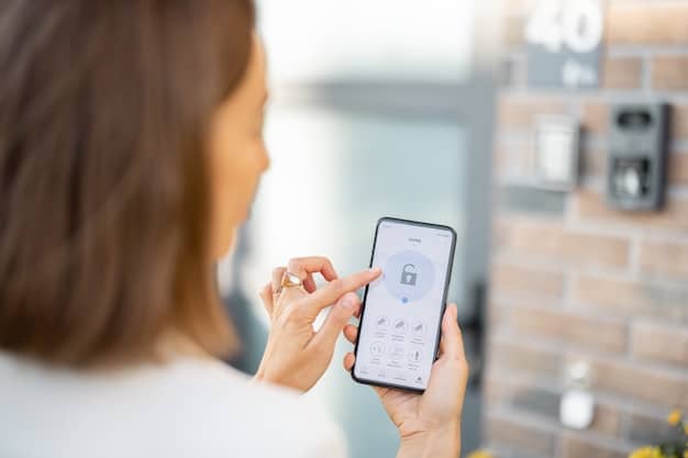 A person using a smartphone app to control their home security system. The app interface shows live camera feeds, sensor statuses (doors/windows locked), and options to arm or disarm the system. The setting is a relaxed, brightly lit living room, emphasizing the convenience and ease of managing home security through a mobile device.