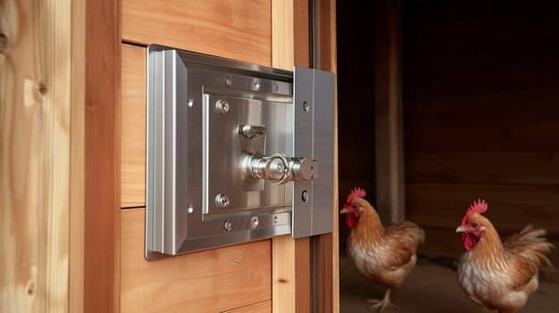 A close-up of a chicken coop door with a secure locking mechanism to prevent predators from entering.