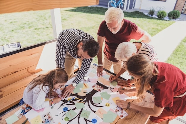 A group of parents collaboratively planning childcare activities in a community center, showing cooperation and resourcefulness.