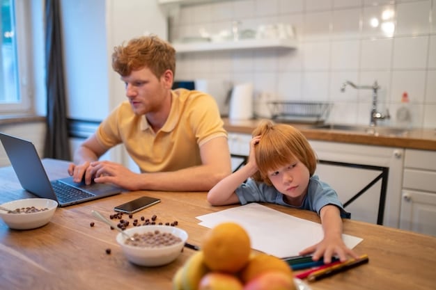 A single dad reviewing financial documents at his kitchen table, with his child playing nearby, highlighting the importance of financial planning and its impact on family life.