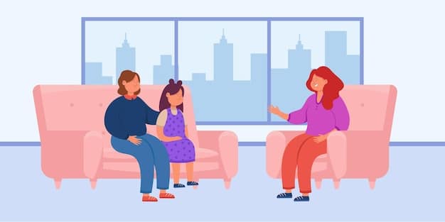 A mediator facilitating a child support negotiation between a single father and the child's mother. The scene is set in a neutral office environment, with both parents looking engaged and respectful.