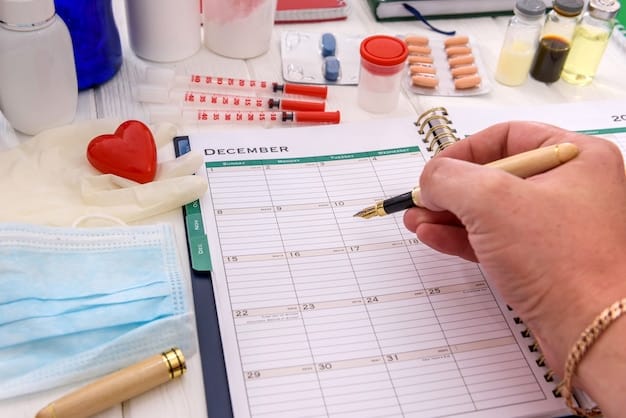 A family calendar with appointments marked for annual checkups and vaccinations. The image emphasizes the importance of preventive care and scheduling routine medical visits.