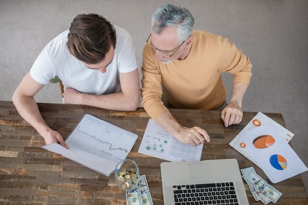 A close-up of a financial planner with a single dad, reviewing a document with graphs and charts, highlighting investment options.