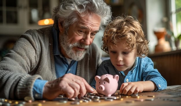 A single dad and his son looking at a piggy bank, symbolizing saving for retirement and educational expenses.
