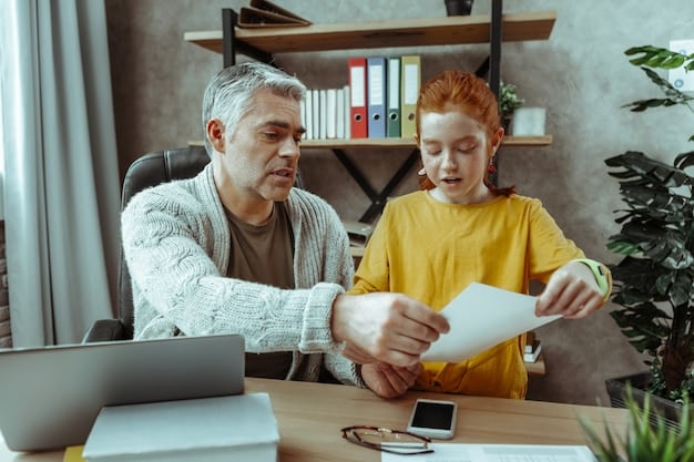 A single father and his child are sitting at a table, reviewing bills and financial documents. The image should emphasize responsible financial planning, with natural lighting and a warm atmosphere.