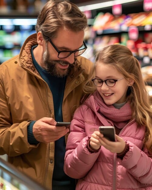 A single dad using a smartphone to compare prices while grocery shopping. The image should convey smart spending, with a focus on digital tools and informed decisions.