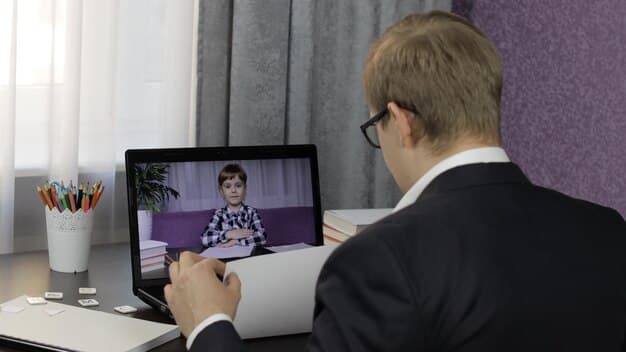 A single father in a virtual meeting with a credit counselor, discussing his financial situation and reviewing a debt management plan on a shared screen. The setting looks professional and supportive.