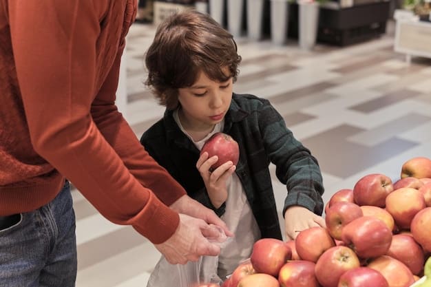 A single father in a grocery store, carefully selecting fresh produce. His child is helping him, reaching for an apple. The scene is bright and emphasizes healthy eating and responsible budgeting.