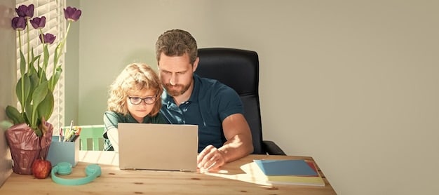A single father sitting at a desk, looking at a laptop with a website displaying information about financial assistance programs. He has documents organized in front of him, showing careful preparation and attention to detail.