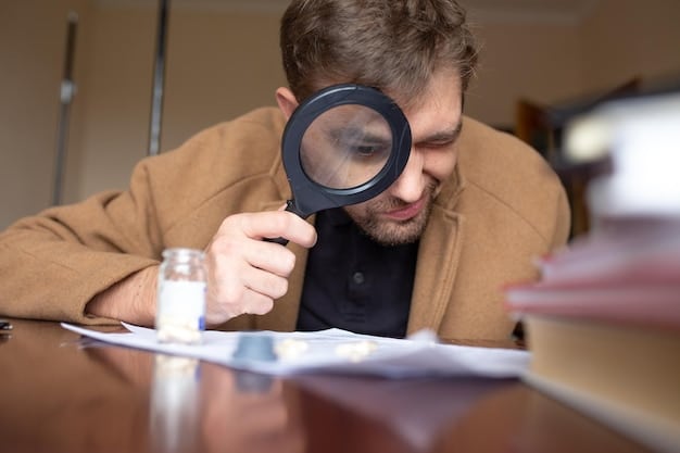 A close-up image of a single father reviewing a credit report with a magnifying glass, highlighting key areas such as payment history and credit utilization. The environment is a well-lit office with organized documents.