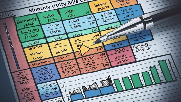 A spreadsheet displaying a detailed monthly budget with highlighted areas for savings, expenses, and income, emphasizing a clear and organized financial overview.