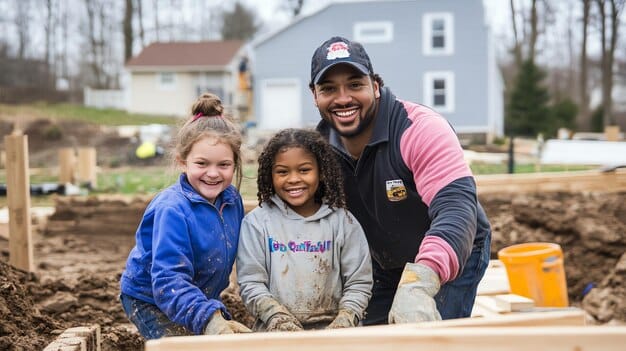 A diverse group of people volunteering at a Habitat for Humanity construction site, building houses alongside a smiling single father and his child.