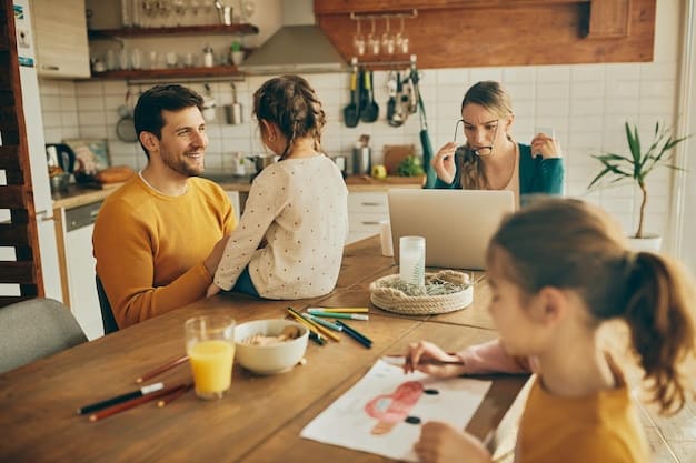 Two parents sitting across from each other at a sunny kitchen table, smiling and engaged in a calm discussion about financial matters, with a notepad and pen on the table to jot down key points.