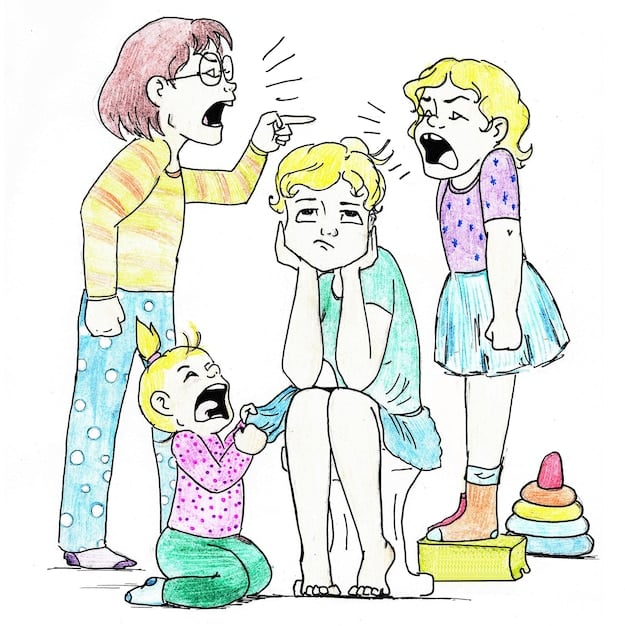 A frustrated co-parent on a phone call, gesturing angrily, contrasted with a calm child drawing in the background, symbolizing the emotional impact of parental conflict on children.