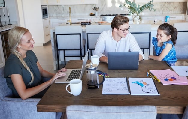 Two parents sitting at a table, looking at each other with serious expressions, a notepad and pen between them. They are in a neutral location, like a coffee shop, suggesting a deliberate meeting to discuss co-parenting issues.