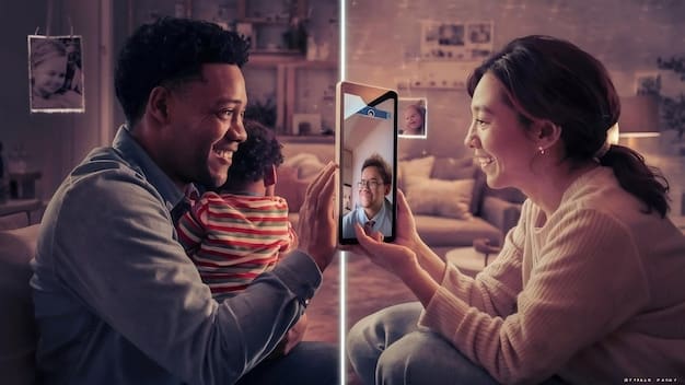 A split-screen image showing two parents in different states talking to their child via video call, symbolizing communication and connection in co-parenting. The background shows their respective homes, each with a comforting and child-friendly environment.