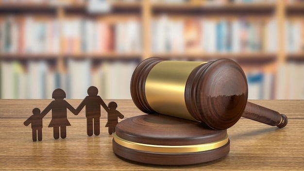 A gavel resting on a stack of legal documents related to family law. The image symbolizes the legal process involved in child support modifications.