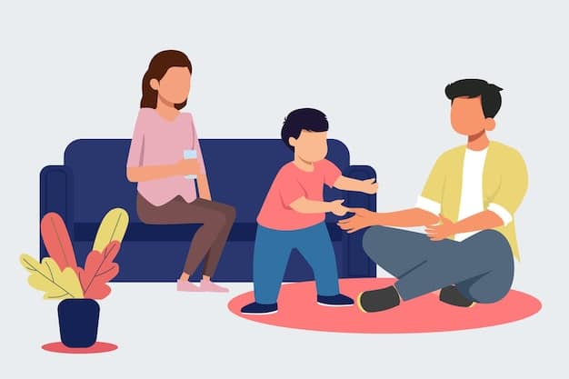 A therapist sitting with two parents, facilitating a calm and constructive conversation using hand gestures.