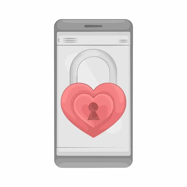 An illustration depicting a padlock icon over a smartphone screen displaying a co-parenting app interface. The padlock symbolizes secure data encryption and privacy. The background shows blurred figures of a family, emphasizing the importance of protecting their private information.