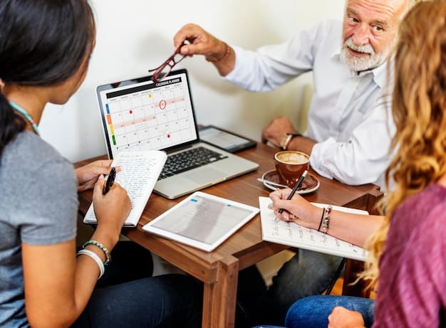 A calendar marked with specific dates and times, highlighting a shared custody schedule for co-parents. The calendar is on a table beside a laptop showing a video call between the two co-parents.