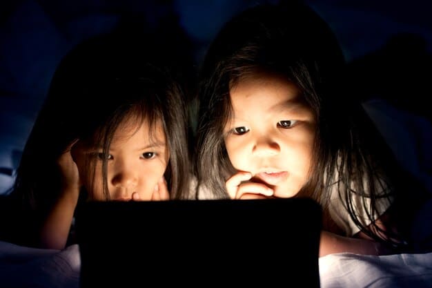 A young child looking anxiously at a tablet screen, while in the background, two parents are having a tense discussion. The lighting is dim and the mood is serious.