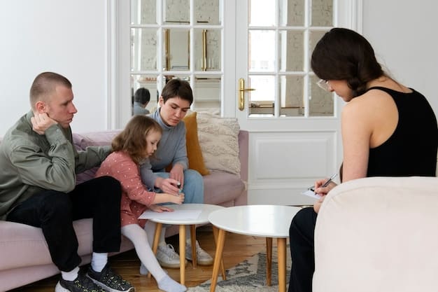 A co-parenting counseling session with a therapist, showing both biological parents and a step-parent discussing co-parenting strategies. The atmosphere is supportive and constructive.