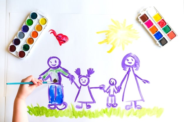 A child is drawing a family portrait with crayons, showing both parents and themselves smiling. The image captures the child's perspective and their desire for a harmonious family relationship, impacting custody decisions.