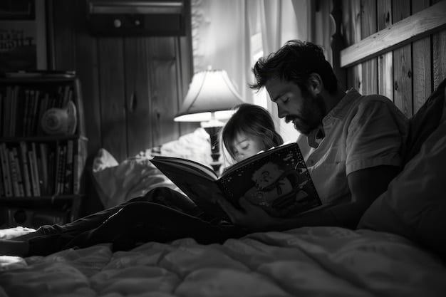 A black and white photo of a single father reading a bedtime story to his daughter, sitting next to her in bed with a gentle and caring expression. The room is dimly lit, creating a cozy and intimate atmosphere.