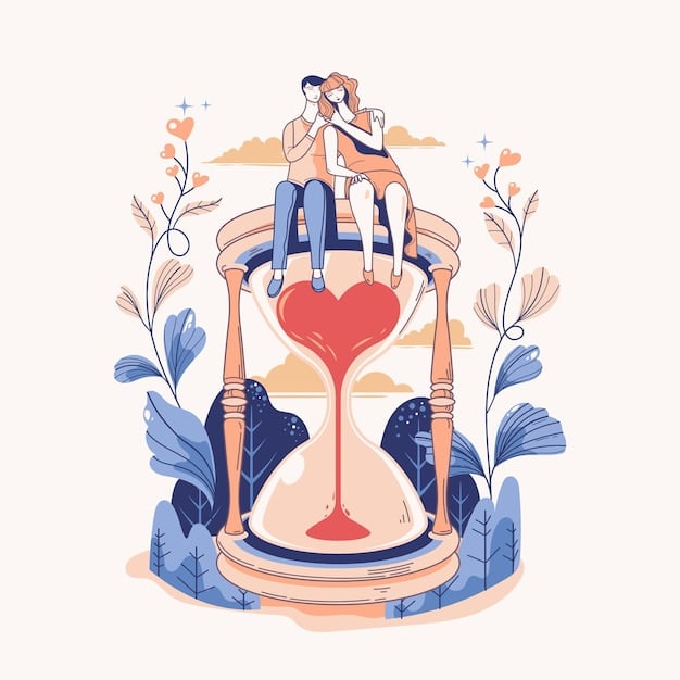 A stylized illustration depicting a clock balanced on one side and a heart on the other, representing time management and romantic life. The background is a light, neutral color.