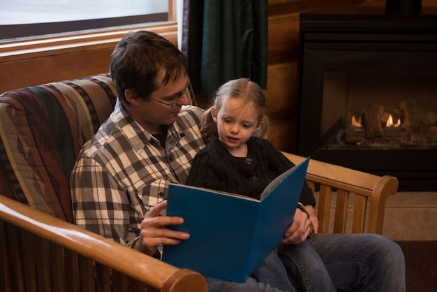 A young girl is sitting on her father's lap while he reads her a book. They are sitting on a couch in a cozy living room. The ambiance is warm and inviting.