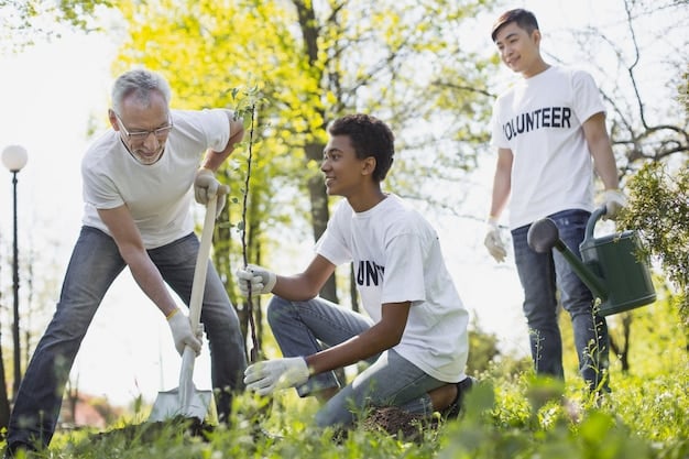 A photo of a diverse group of men volunteering together in a community garden. One man is helping a young boy plant a seedling, demonstrating community involvement and mentorship.