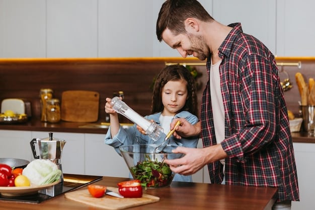 A single father cooking a healthy meal in a modern kitchen with his children helping, emphasizing the importance of nutrition in self-care.