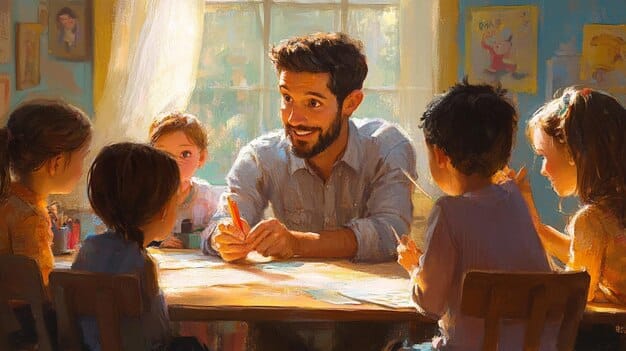 A single dad sitting at a table in a classroom, smiling and talking with his child's teacher. The scene shows a positive and collaborative parent-teacher conference.