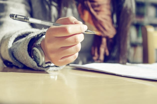 A close-up shot of a single dad reviewing a document, likely a school report or assignment, with a pen in hand, showing focus and preparation.