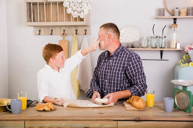 A single father calmly talking to his son at the kitchen table, demonstrating active listening and problem-solving.