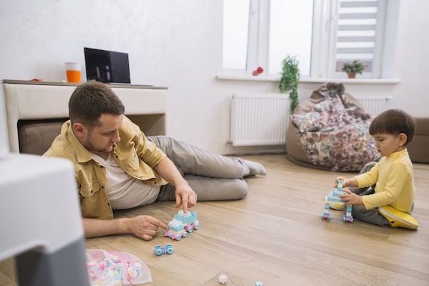 A father sitting on the floor, playing with his son and daughter Lego. They are all smiling and engaged in the activity, demonstrating quality time and connection.