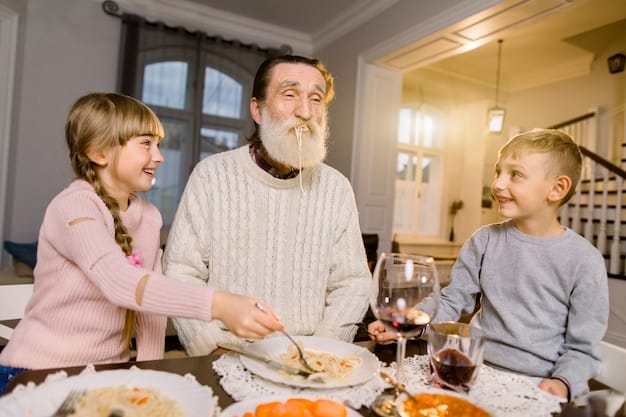A single dad is having dinner with his children, all smiling and engaged in conversation. The scene is warm and inviting, emphasizing the importance of quality family time.