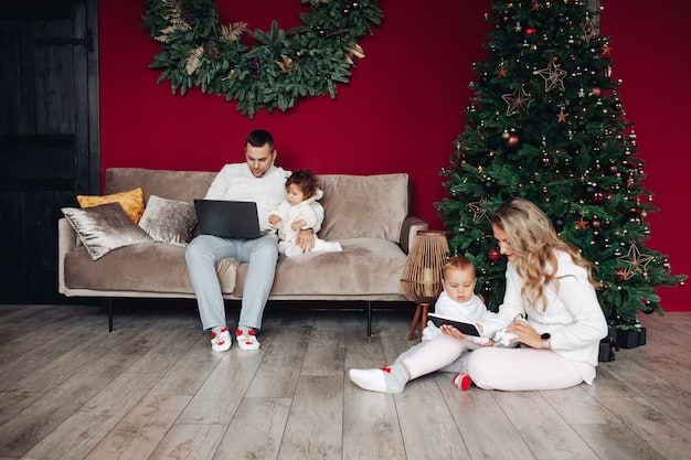 A cozy living room scene with a Christmas tree, presents, and two parents sitting on either side of a young child. They are all smiling and looking at each other, creating a sense of unity and warmth in this split-family holiday moment.