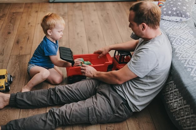 A single father sitting on the floor with his child, helping them organize their toys in a new room. The room is brightly colored and child-friendly, with age-appropriate decorations. The father is actively engaging with the child, asking questions and offering encouragement.