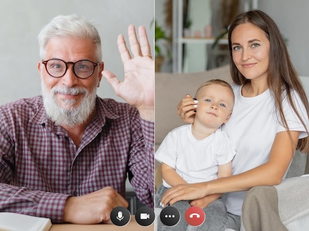 A split screen image. On one side, a single father is on a video call with his child, reading them a bedtime story. On the other side, the child's mother is smiling and waving at the camera, indicating a friendly and cooperative co-parenting relationship.