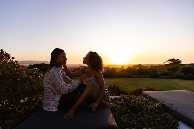 A single dad hugging his teenage daughter in a park, both looking content and relaxed. The sun is setting in the background, creating a warm and peaceful scene.