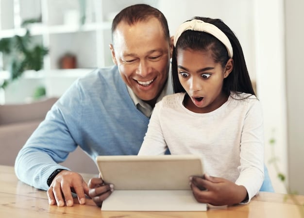 Two parents of different ethnicities amicably discussing a shared digital calendar on a tablet, with their child playing happily in the background, illustrating effective co-parenting communication.