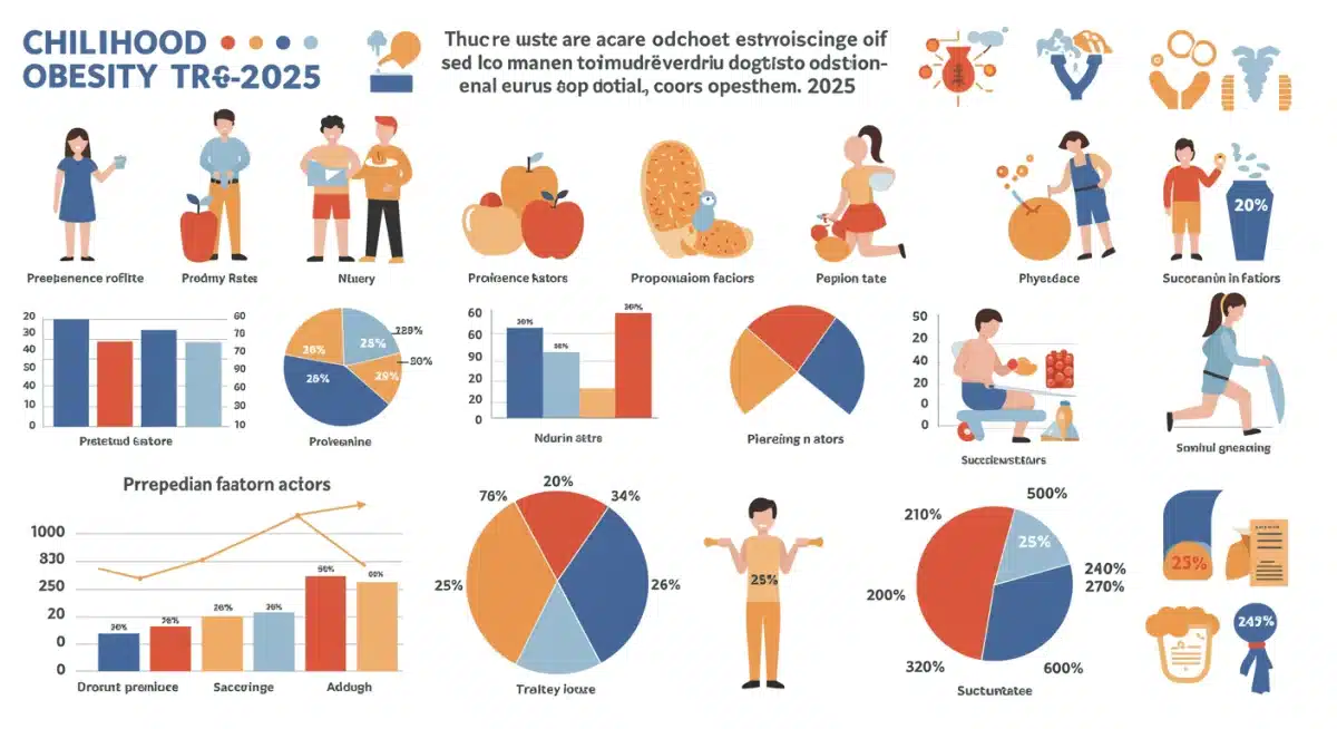 Infographic showing 2025 childhood obesity statistics and contributing factors.