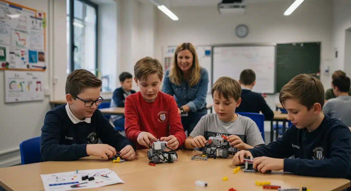 Students building robots in a modern after-school robotics club.