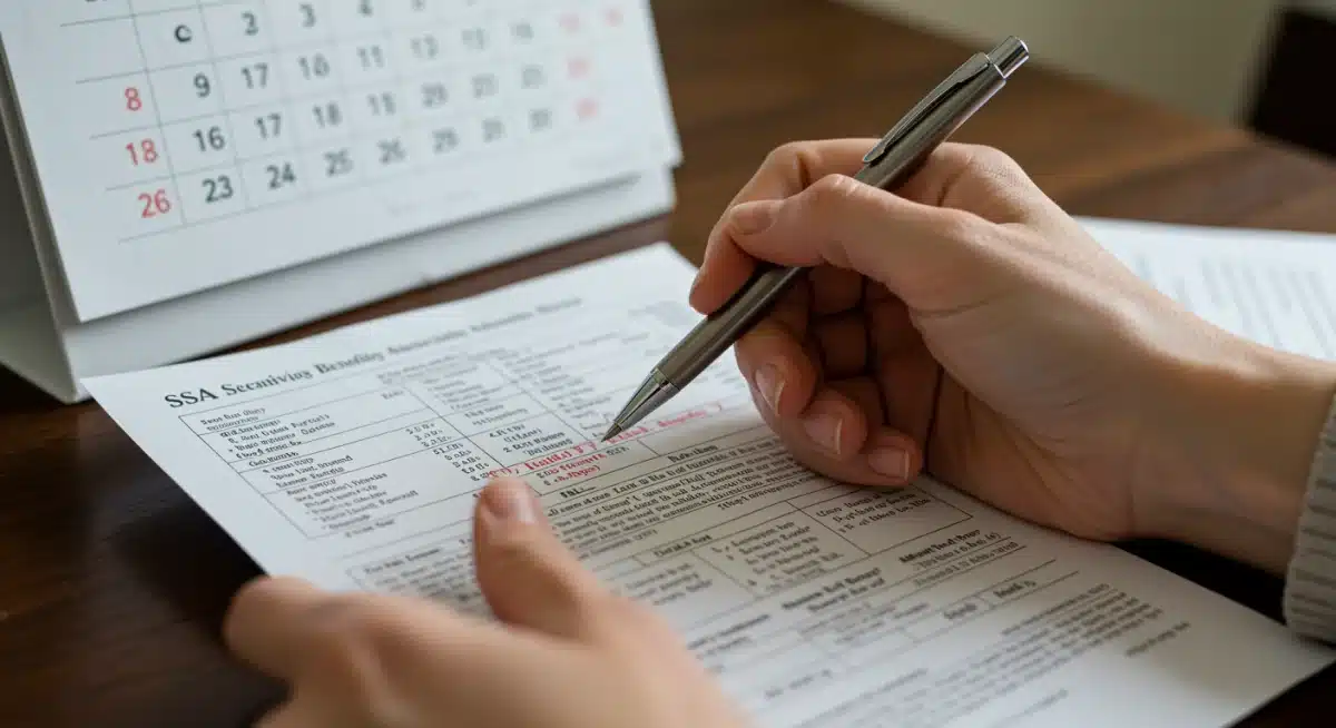 Hands analyzing Social Security Administration document for 2025 survivor benefits eligibility.