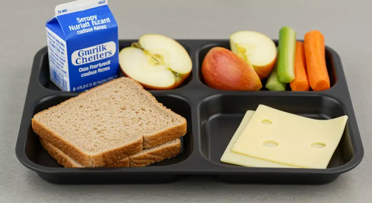 Balanced school lunch tray with whole grains, fruits, vegetables, and milk